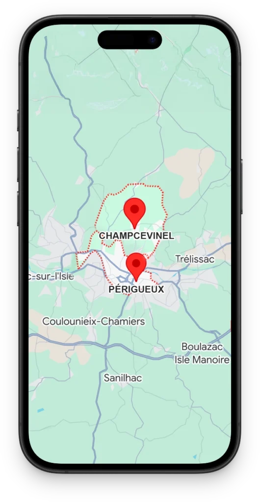 Carte affichée sur smartphone indiquant Champcevinel et Périgueux, localisation de Camcha Yoga