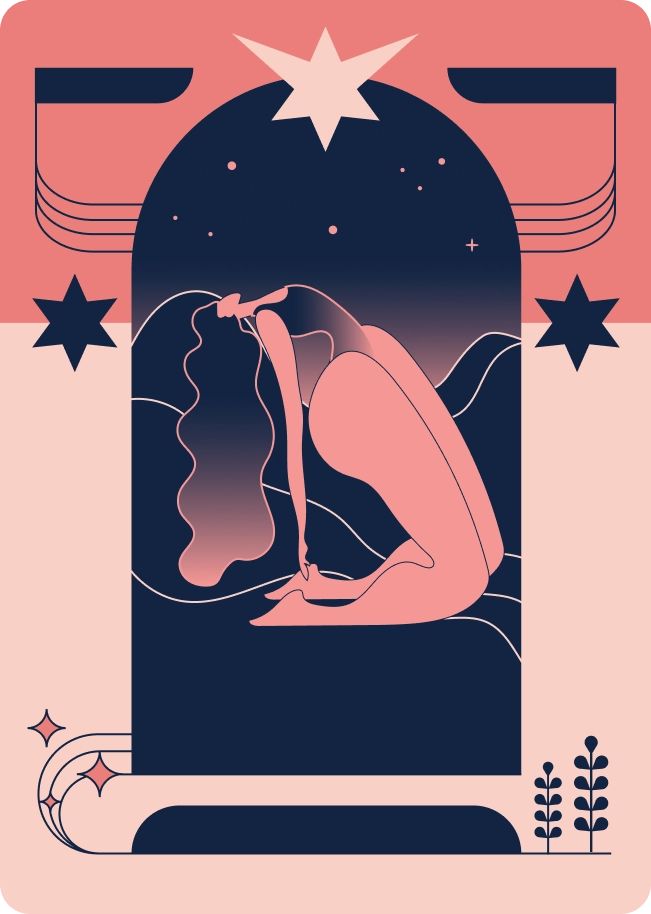 Illustration artistique de la posture du chameau en yoga (Ustrasana), style minimaliste et coloré