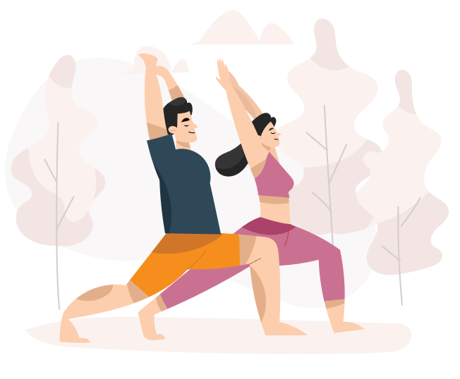 Illustration d’un homme et d’une femme pratiquant le yoga en extérieur, posture de fente haute avec les bras levés